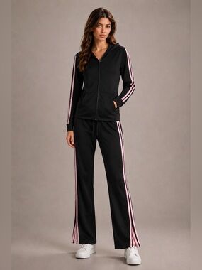 ENT Luxury Women’s 2 Pc Tracksuit‎ Set Black Pink Stripe Hoodie Jacket M Pants L